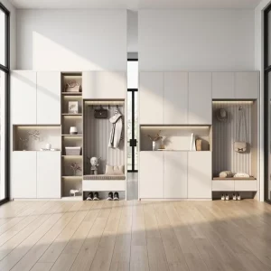 Light Tone Multi Compartment Shoe Cabinet Custom Built in Hanging Hooks Entryway Shoe Cabinet