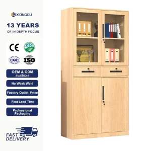 Light Wood Grain Steel Office Display Cabinet Glass Door File Cupboard Drawer Lockable Storage Bookshelf for Workplace Archives