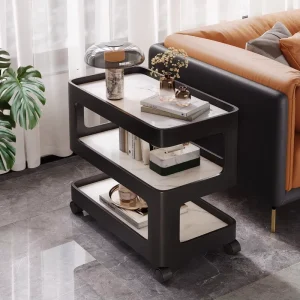 Light-luxury Mobile End Cabinet Coffee Table Storage Shelf Wrought Iron Frame Marble Top for Small Apartments Minimalist Modern