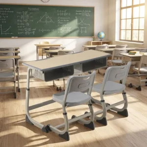 Lightweight Steel Frame Non slip Foot Pad School Custom Logo Double Seats Student Desk and Chair