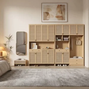Linear Slatted Design Shoe Cabinet with Ambient Lighting Open Storage Cubbies Shoe Cabinet