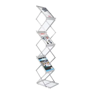 Literature Catalog Foldable Magazine Brochure Display Rack Stand Iron Aluminum Construction Black Silver for Office Store