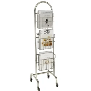 Living Room 3 Tier Newspaper Holder With Wheels Portable Magazine Rack Stand Rotating Book Display Shelf Metal Wire Hang Basket