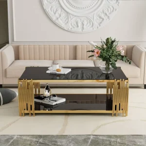 Living Room Furniture 201 Stainless Steel Golden Base Black Glass Top Modern Rectangular Coffee Table
