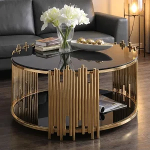 Living Room Furniture Golden Stainless Steel Metal Modern Luxury Tempered Glass Coffee Table with Storage