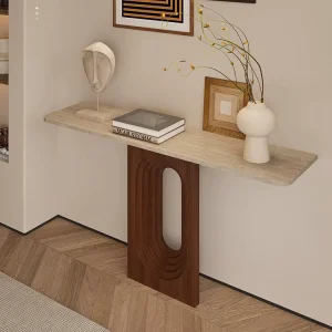 Living Room Furniture Narrow Long Beige Travertine Stacked Base Rectangular Marble Table Modern Console Table