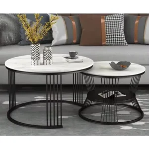 Living Room Furniture Slate Marble Top Carbon Steel Black Round Coffee Table Set
