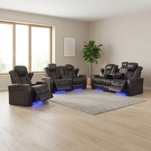 Living Room Furniture with Recliner Sectional and Cup Holders Black Sofa Set Furniture