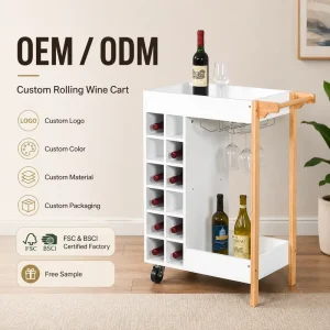 Living Room Kitchen Mobile Liquor Serving Trolley With Wine Grid Glass Rack Customizable Wooden Rolling Wine Cart