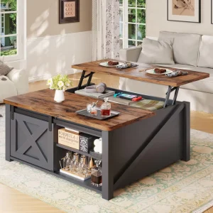 Living Room Modern Square Lift Top Large Hidden Storage Compartment and Adjustable Shelves Wooden Coffee Table