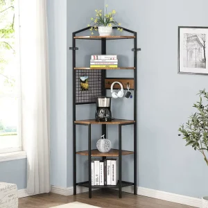 Living Room Office Industrial Style Wooden Bookcase with Metal Frame, 5 Tier