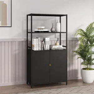 Living Room Office Metal Storage Shelf 4 Layer Bookshelf Steel Display Bookcase with Swing Door Cabinet