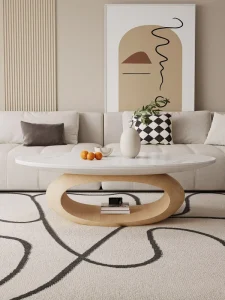 Living Room Oval Coffee Table Solid Wood Stone veined Tabletop Custom shaped Design Modern Minimalist