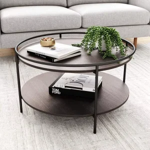 Living Room Round Side Table Metal Wooden Panel Circular Base Design Two Layers Coffee Table