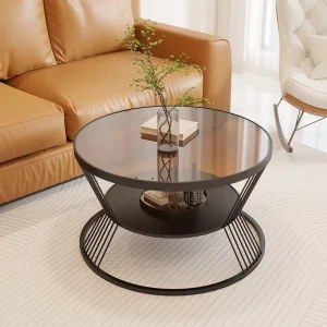Living Room Small sized Household Circular Glass Coffee Table Hotel Apartment Small Tea Table Cream Wind Table