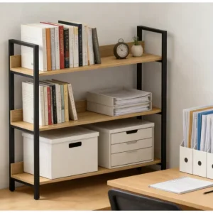 Living Room Vintage Standing Storage Shelf 3 Tier Open Bookcase Industrial Wood and Black Metal Bookshelves