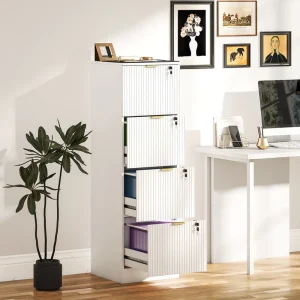 Lockable Filing Cabinet with 4 Fluted Drawers File Cabinet with Adjustable Hanging Rails for A4 Letter Files White