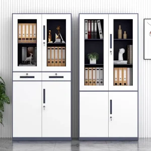 Lockable Steel File Cabinet with Glass Doors and 2 Drawers White Metal Storage Organizer for Office Use Modern Design