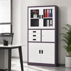 Lockable Two Tone Metal Office Storage Cabinet Large Capacity Steel Filing Cabinet with Drawers and Glass Doors for Home Office