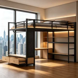 Loft Bed With Wardrobe Storage Shelves and Pegboard