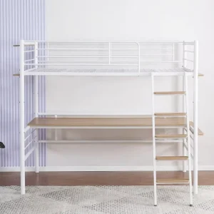 Loft Bed with Desk and Cabinet White Metal Twin Bed Frame with Workstation for Small Bedroom and Dormitory No Box Spring Needed