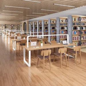 Log Wood Color Library Table with Partition Combined Long Reading Desk with Bookshelf for Multiple People in School Study Room