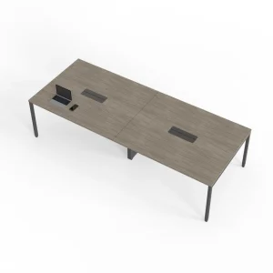 Long Office Meeting Table with Cable Box Dark Wood Top Metal Legs for Conference Room