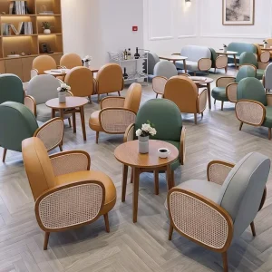 Lounge Chair Set Upholstered Leather Armchair with Round Coffee Table Nordic Style Leisure Seating Cafe Hotel Lobby Waiting Area