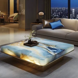 Luminous Natural Marble Top Metal Frame Minimalism Opulent Stone Square Coffee Table BTCT026 for Living Room or Hall