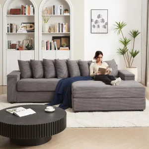 Luxe Oversized L Shape Convertible Sofa Set Chaise Comfy Corduroy Sectional Couches 8 Pillows Two Armrest Storage Hotel