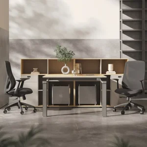 Luxurious High End Minimalist Office Desk with Storage Function for Six Person Cubicle Screens and Face to Face Seating