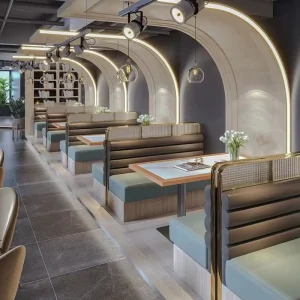 Luxurious Restaurant Booth Sofa with Golden Frame PU Leather Seat Cushion Sofa Chair Marble Table Western Restaurant Furniture