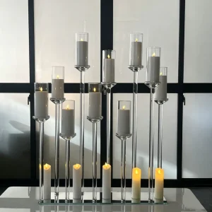 Luxury 10-Arm Clear Tall Crystal Candelabra Custom Glass Candle Holder for Wedding Stage Walkway Decoration