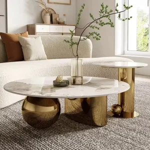 Luxury 2 Piece Coffee Table Set Modern Marble Top with Gold Stainless Steel Frame Stylish Living Room Center Table Furniture