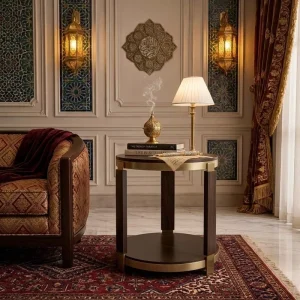 Luxury 2-Tier Solid Wood End Table Walnut Veneer Champagne Gold Metal Edge 304 Stainless Steel Support Modern Living Room