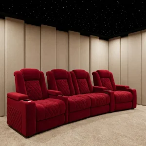 Luxury 4-Seat Wine Red Fabric Electric Recliner Sofa Diamond Stitch Theater Furniture VIP Villas Cinema Room Power Massage Seats