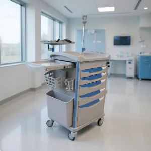 Luxury ABS Medical Emergency Trolley Crash Cart Medicine Trolley with 5 Drawers Central Lock IV Pole for Hospital Clinic