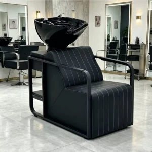 Luxury All Black Barbershop Shampoo Chair PU Leather Hair Wash Station for Head Spa Beauty Salon