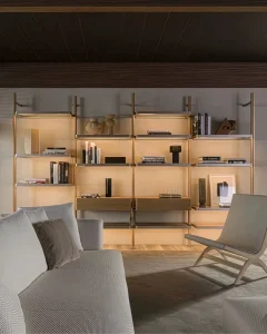 Luxury Aluminum Frame Modern Floor Mount Display Rack Custom Modular Bookshelf LED Light Solid Wood Veneer Shelves Eco Friendly
