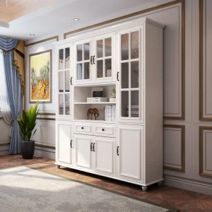 Luxury American Style Wooden Bookcase Dustproof Glass Door Armoire for Living Room