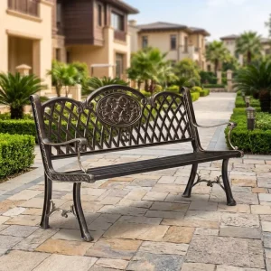 Luxury Antique Bronze Ornate Carved Cast Aluminum Garden Bench Diamond Lattice Back Outdoor Patio Double Bench with Armrest