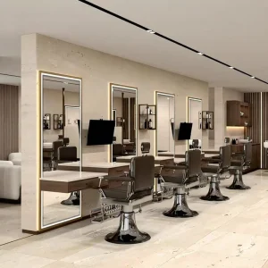 Luxury Barbershop Interior Design Wabi Sabi Wood Stone Mens Salon Furniture Custom Grooming Shop Fit Out Solution