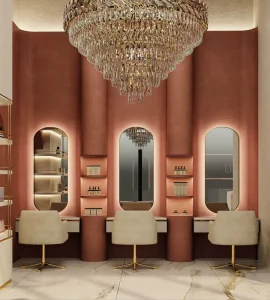 Luxury Beauty Salon Interior Design and Turnkey Fit Out with Custom Furniture Curved Reception Nail and Spa Stations