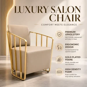 Luxury Beige Gold Salon Chair Stainless Steel Frame Reception Chair Modern Waiting Chair for Beauty Salon and Barber Shop