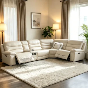 Luxury Beige Leather Power Reclining Sectional Sofa Smart Modular Recliner Couch with Bluetooth Speaker Console for Living Room