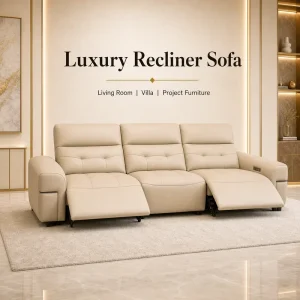 Luxury Beige Power Recliner Sofa 3 Seater Square Genuine Leather Sponge Filled for Living Room Hotel Villa Project Furniture