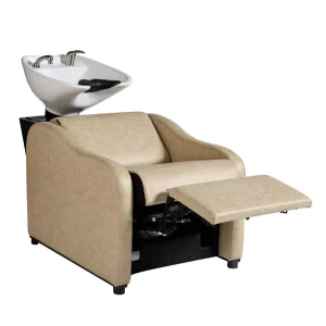 Luxury Beige Reclining Salon Shampoo Chair Workshop Use Backwash Station with Ceramic Bowl and Durable Adjustable Footrest