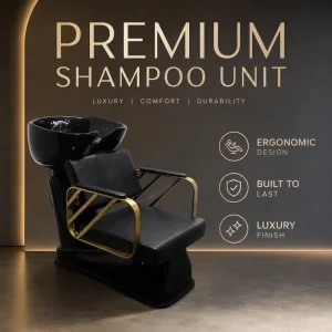 Luxury Black Gold Salon Shampoo Backwash Unit with Black Ceramic Basin and Gold Metal Armrest Design