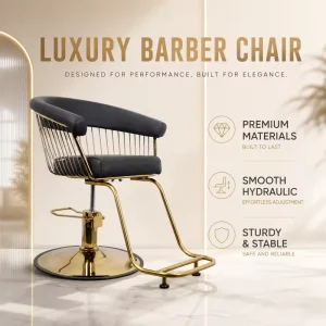 Luxury Black Gold Salon Styling Chair Hydraulic Barber Chair with Gold Round Base Footrest and Metal Wire Back Design