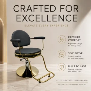 Luxury Black Gold Salon Styling Chair Hydraulic Barber Chair with Round Base Footrest Curved Backrest Design